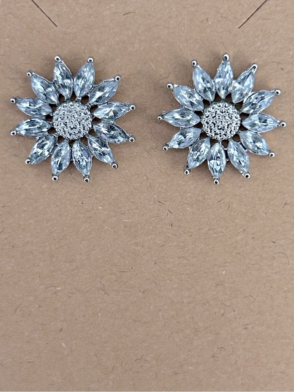 Silver Crystal Sunflower Stud Earrings - Sparkling Floral Design Fashion Jewelry